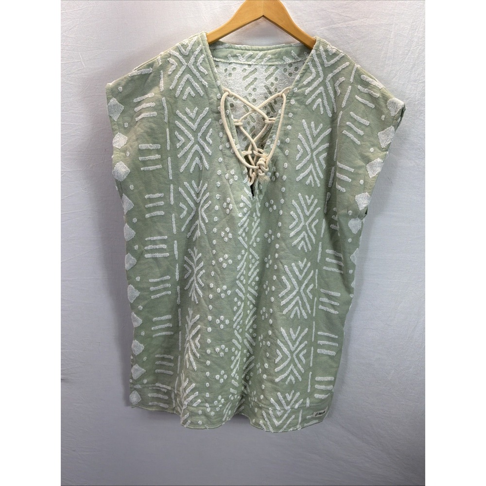 Sand Cloud Beach Cover Up Poncho One Size Adobe Mudcloth Green Cream lace up